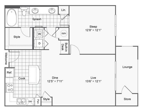 Floor plan for 1 bed, 1 bath, 812 sqft